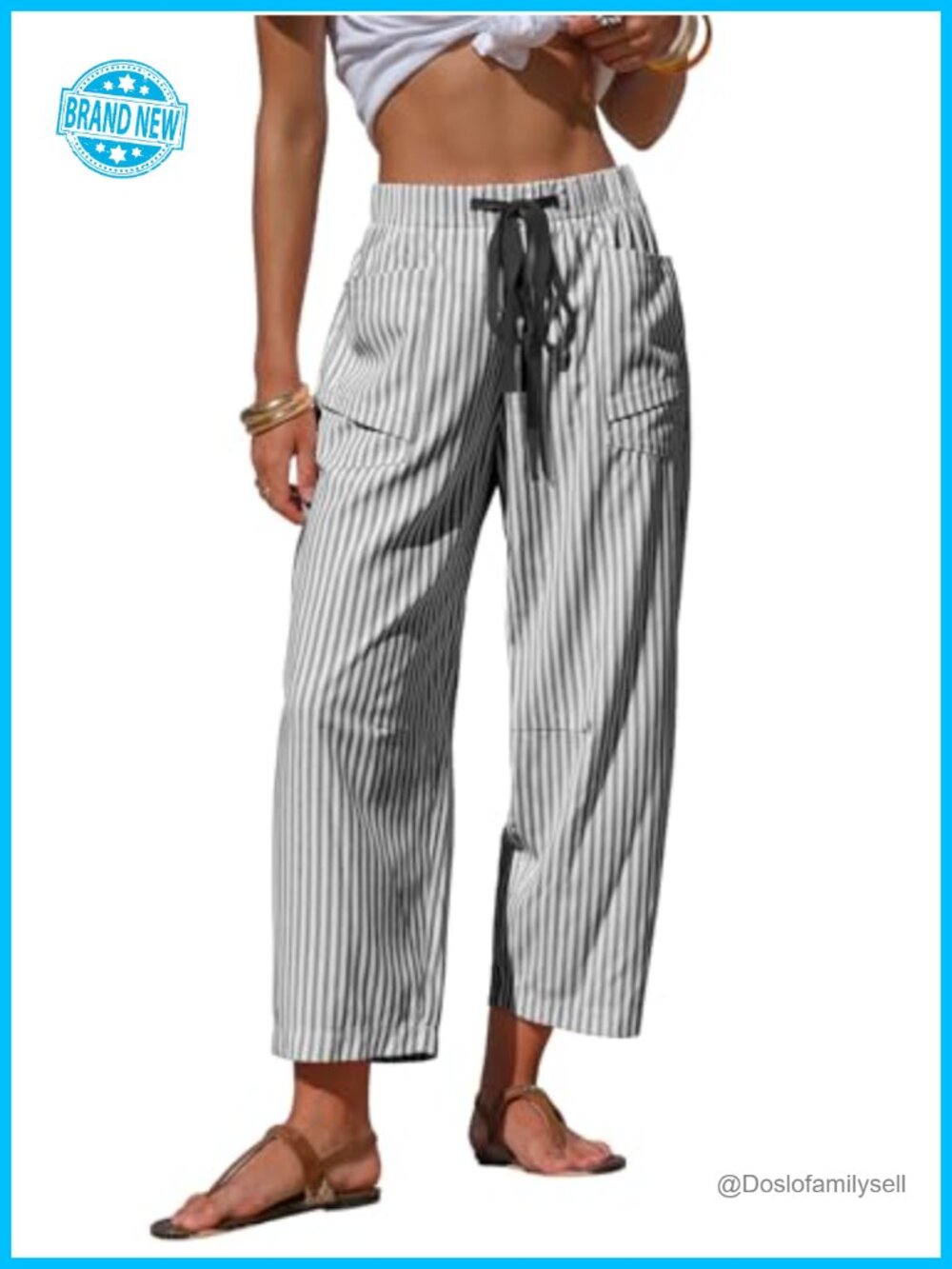 Faux Linen Striped Barrel Capri Pants Drawstring Trousers